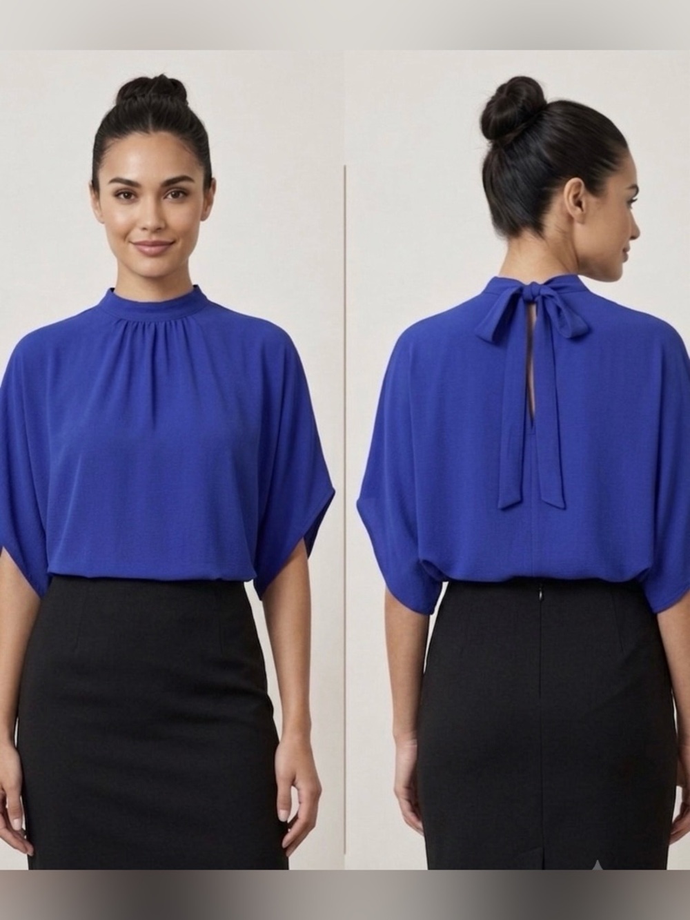 Peekaboo Keyhole Tie Back Silky Royal Blue Draped Dolman Mock Neck Blouse M